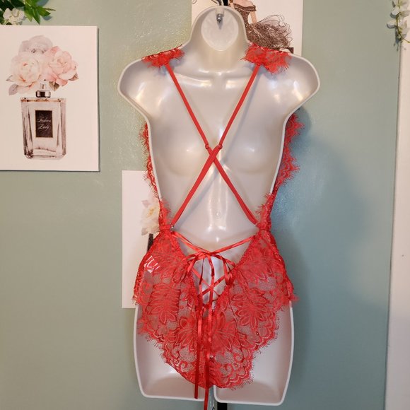 Lace Teddy Bodysuit Lingerie Crisscross Back Straps - Picture 2 of 5